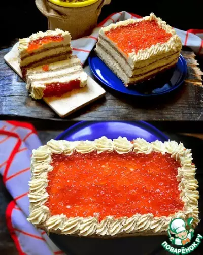 Селёдочный торт с красной икрой
