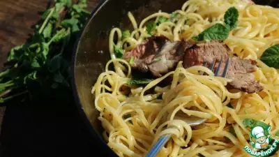 Говядина гриль со спагетти