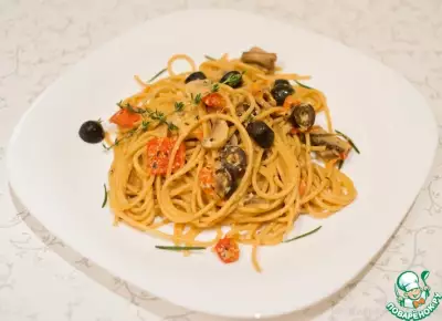 Легкая паста с грибами и оливками