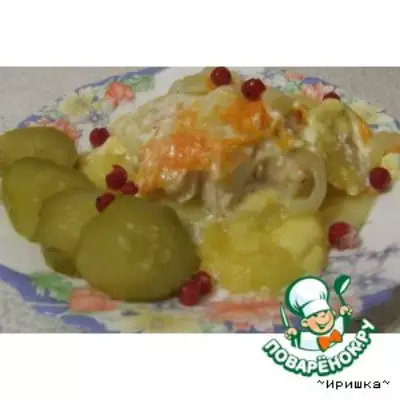 Филе сома под нежной картофельно - сырной шубкой
