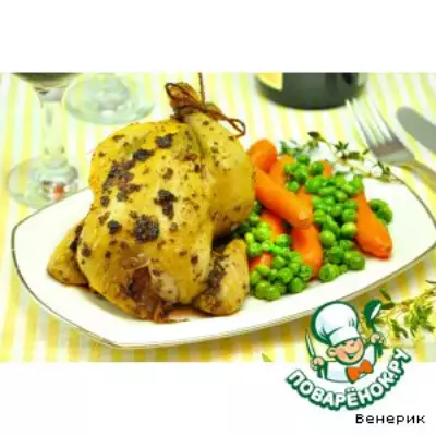 Цыплята в ароматном масле и гарнир из зеленого горошка с морковью