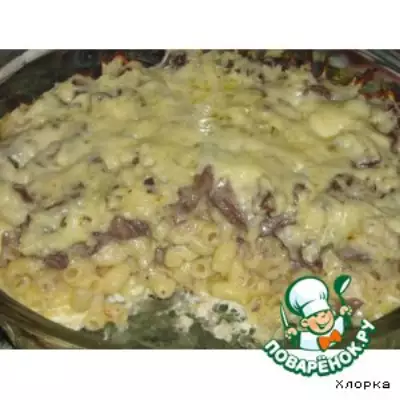 Запеканка из макарон и куриных сердечек