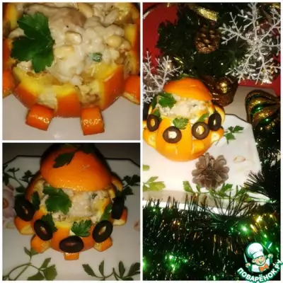 Нарядный апельсин с начинкой из кедровых орешков, риса и грибов