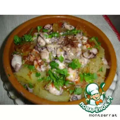 Картофель с мелкими кальмарами и шафраном patata con chipirones y azafran