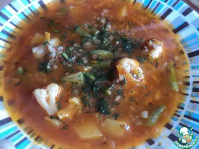 Суп постный с гречей цветной капустой и фасолью