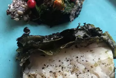 Треска в водорослях с черным картофельным пюре и маринованными лисичками
