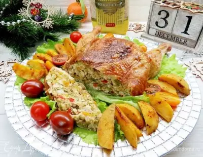 Курица фаршированная блинами с овощами рисом и фетой