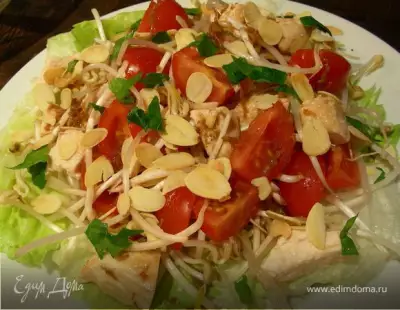 Куриный салат с миндалем, помидорами черри и ростками сои фото