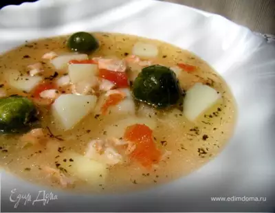 Суп с лососем, брюссельской капустой и помидором