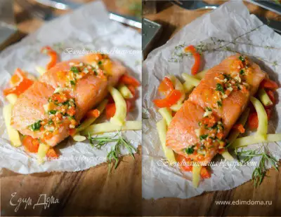 Томленый лосось на подушке из овощей с соусом из апельсина и паприки