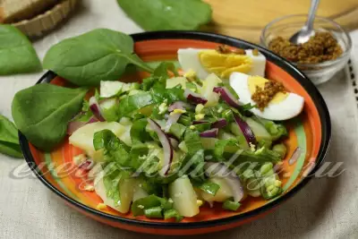 Картофельный салат с маринованным луком и шпинатом