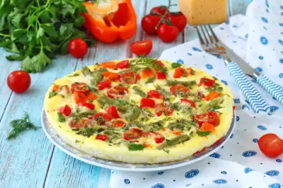 Омлет с овощами и сыром на сковороде