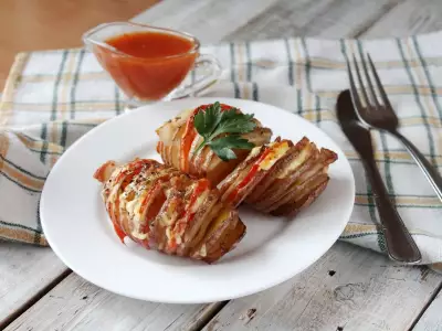 Картошка-гармошка с беконом и помидором в духовке