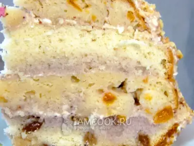 Бисквитный ореховый торт с изюмом и курагой в мультиварке