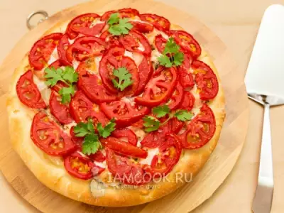 Открытый пирог с луком, помидорами и семгой