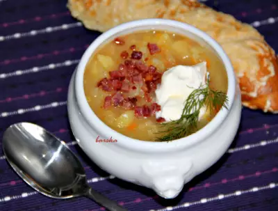 Зимний картофельный суп-толчёнка с квашеной капустой, да со шкварочками