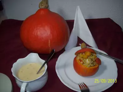 Тыква фаршированная,суп тыквенный и бонус-салат из сырой тыквы"витаминный"(дуэль)