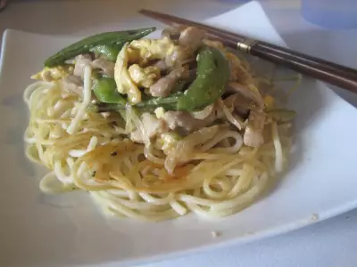 Жаренные спагетти со свининой и овощами в стиле chow mein