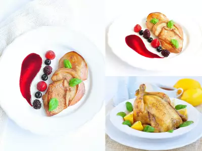 Цыпленок coquelet фаршированный чоризо, фасолью и каперсами, и фуа гра с ягодным соусом