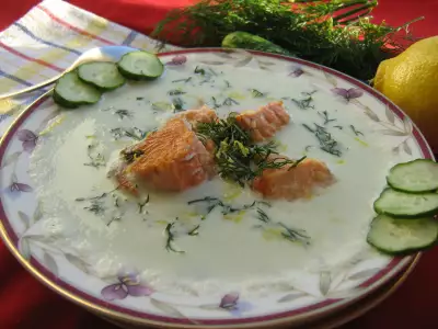 Холодный суп из кефира с рыбой