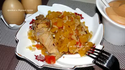 Свиное рагу с тыквой рисом и соевым соусом киккоман