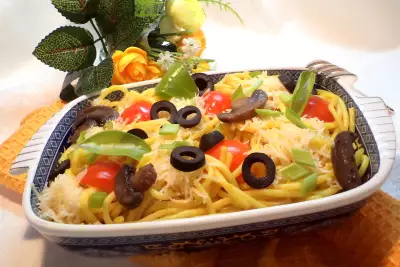 Спагетти  с грибами, помидорами и маслинами.