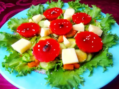Салат греческий с желе из томатного сока
