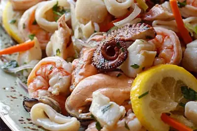 Деликатесный салат из маринованных морепродуктов фото