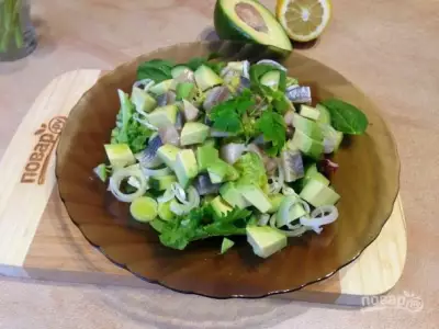 Зеленый салат с селедкой и авокадо фото