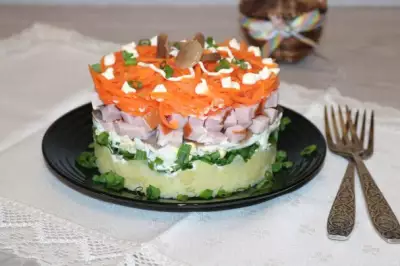 Слоёный салат с ветчиной и грибами фото
