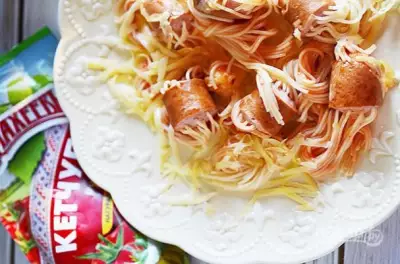 Лучший рецепт спагетти в сосисках, с сыром и кетчупом "Махеевъ"