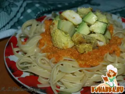 Спагетти с курицей карри и авокадо