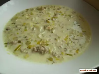 Сырный суп с луком пореем и фаршем
