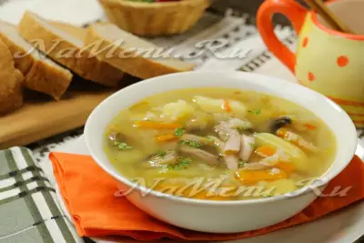 Суп с курицей, грибами и рисом