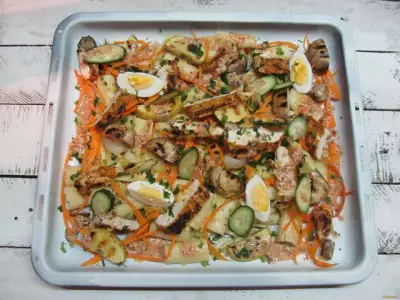Теплый салат с макаронами и курицей рецепт с фото