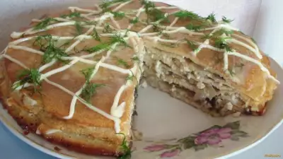 Закусочный блинный торт с курицей и грибами рецепт с фото