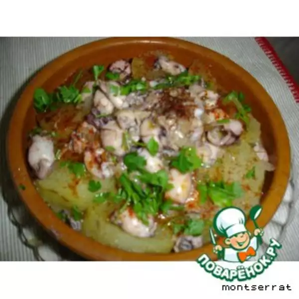картофель с мелкими кальмарами и шафраном patata con chipirones y azafran