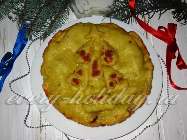 новогодний картофельный пирог с ветчиной и грибами в мультиварке