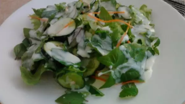 огуречный салат с зеленым базиликом мятой и йогуртной заправкой