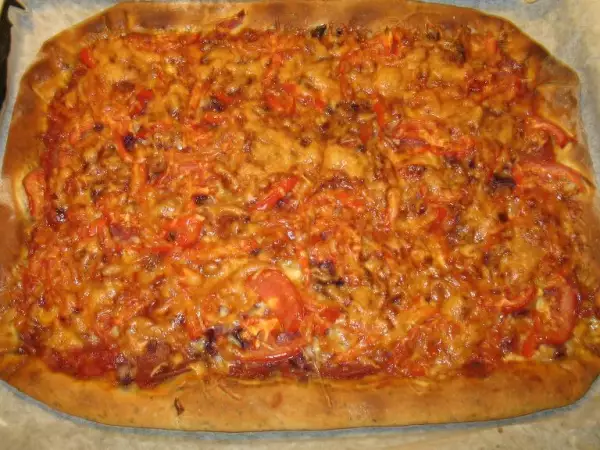 пицца салями с овощным акцентом и сыром в корочке